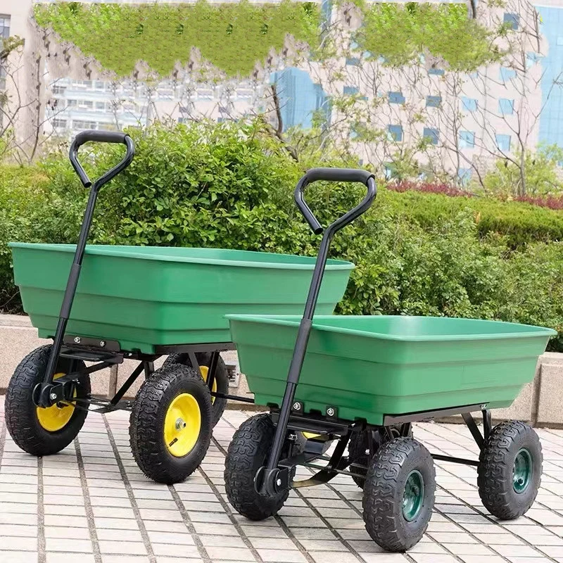 China Tools Manufacturer Garden Trolley Cart Garden Open Top Tray Coated Plastic Steel 75L Poly Tray Tool Service Cart Dump Cart Dolley with Pneumatic Tires