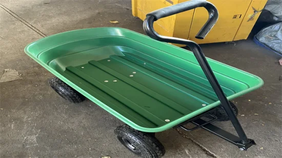 China Tools Manufacturer Garden Trolley Cart Garden Open Top Tray Coated Plastic Steel 75L Poly Tray Tool Service Cart Dump Cart Dolley with Pneumatic Tires